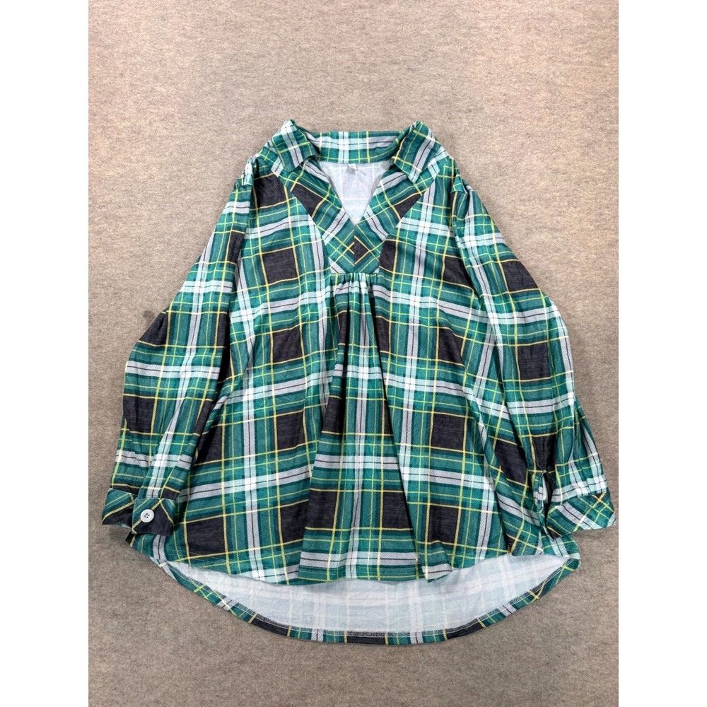 Rose Gal Womens 22 Plaid Stretch V Neck High Low Hem Blouse Top Green Multi